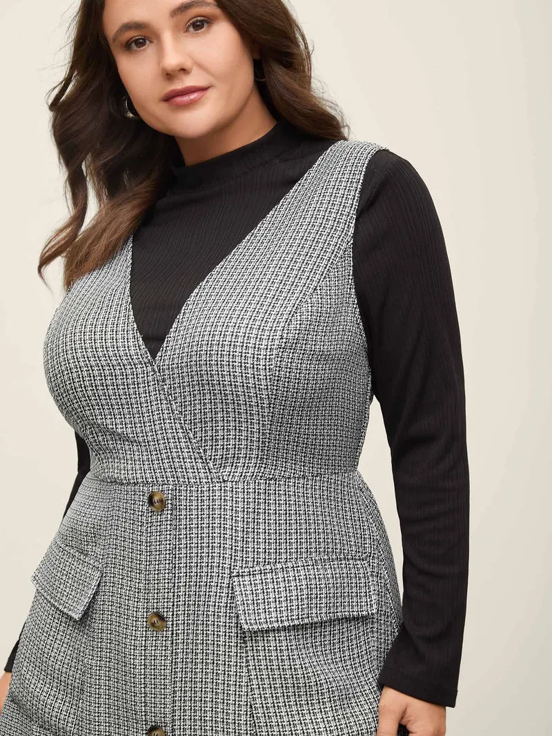 Houndstooth Button Detail Pockets Knee Dress