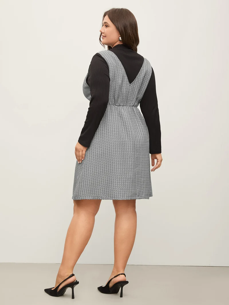 Houndstooth Button Detail Pockets Knee Dress