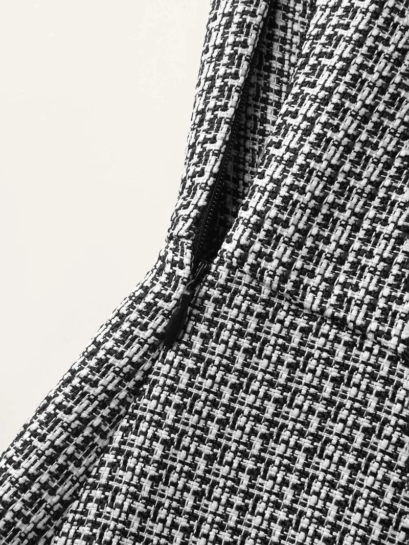 Houndstooth Button Detail Pockets Knee Dress