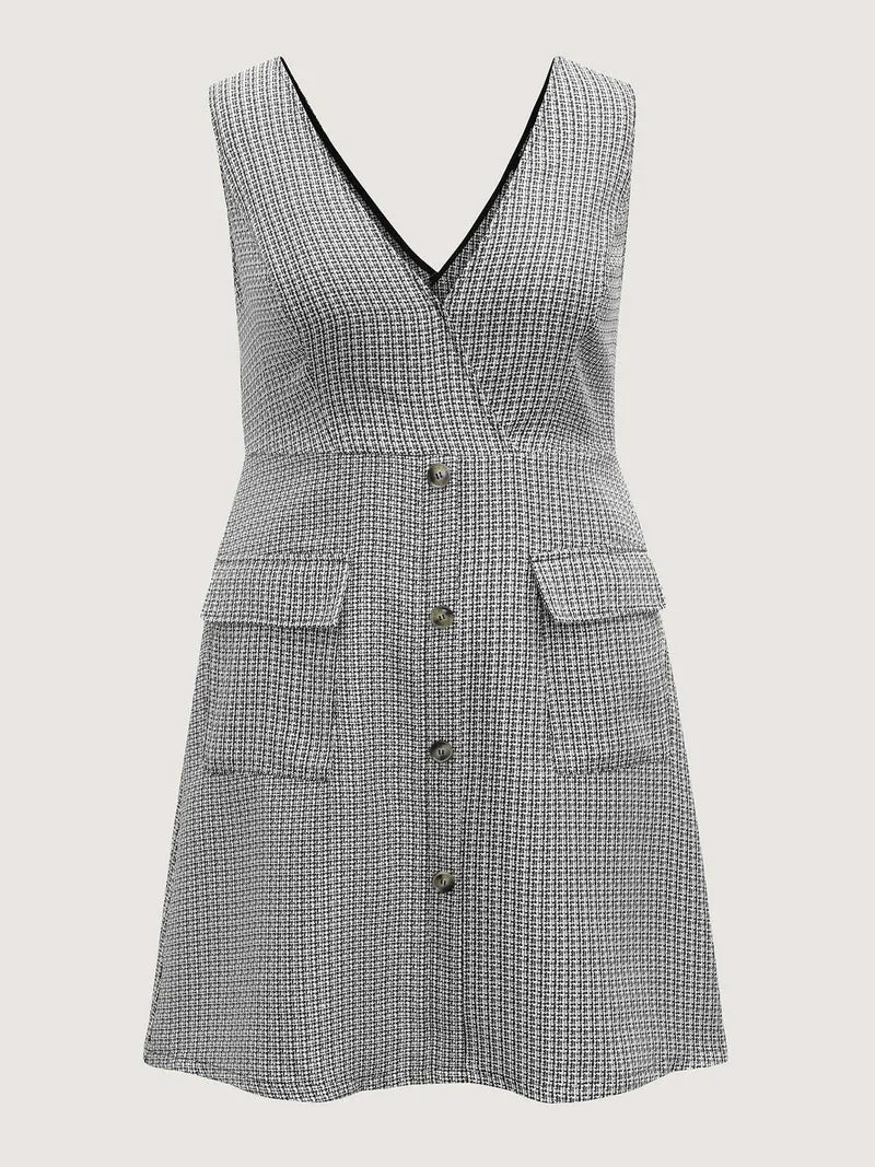 Houndstooth Button Detail Pockets Knee Dress