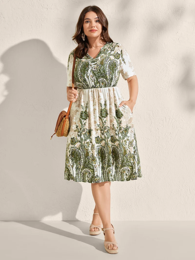 Paisley Print Notched Neckline Midi Dress