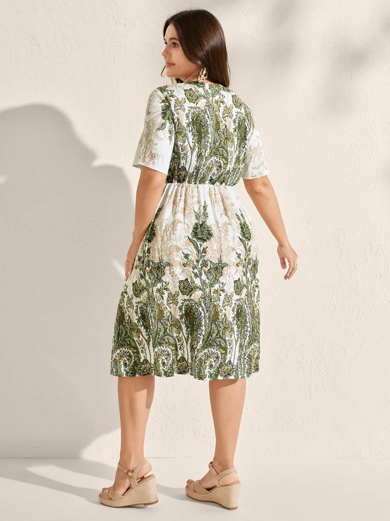 Paisley Print Notched Neckline Midi Dress