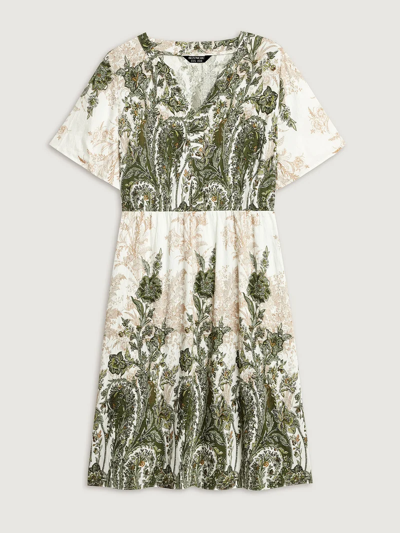 Paisley Print Notched Neckline Midi Dress