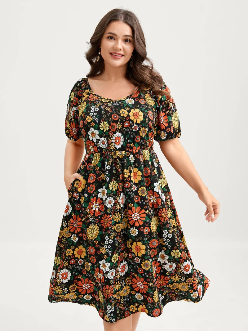 Bright Floral Print Sweetheart Neckline Midi Dress