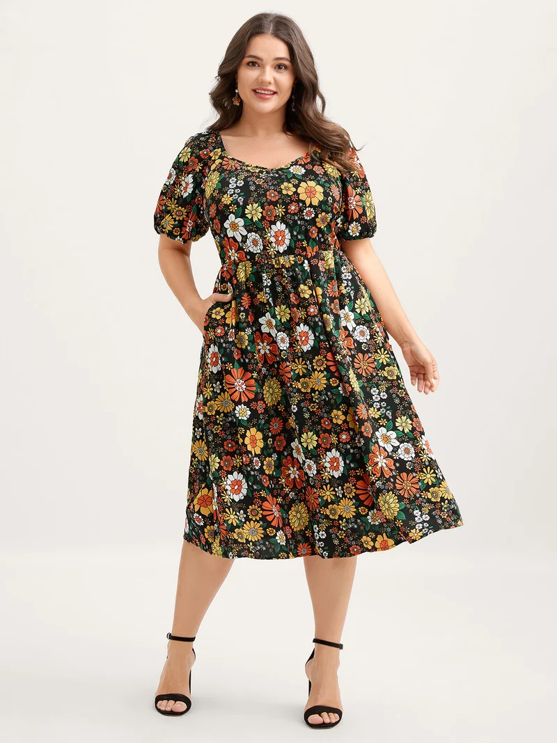 Bright Floral Print Sweetheart Neckline Midi Dress