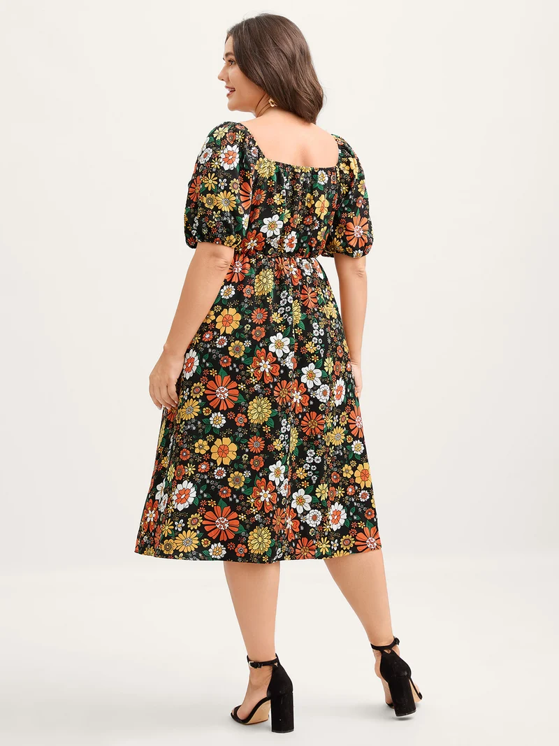 Bright Floral Print Sweetheart Neckline Midi Dress
