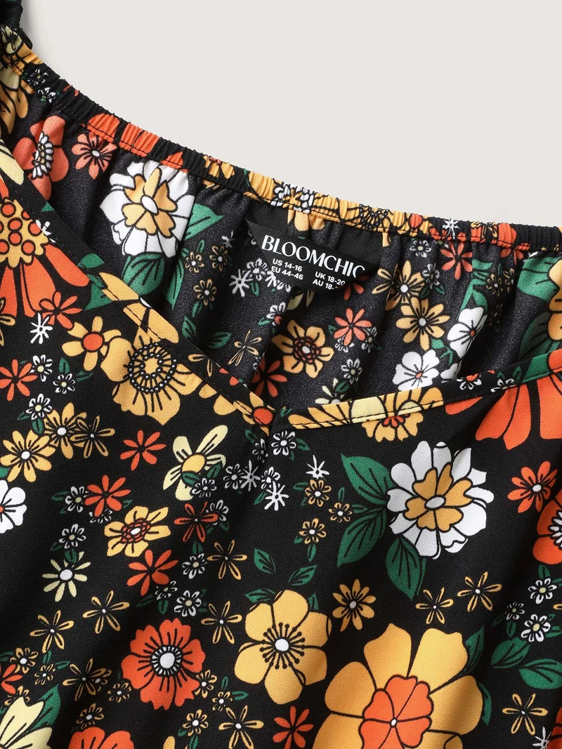 Bright Floral Print Sweetheart Neckline Midi Dress