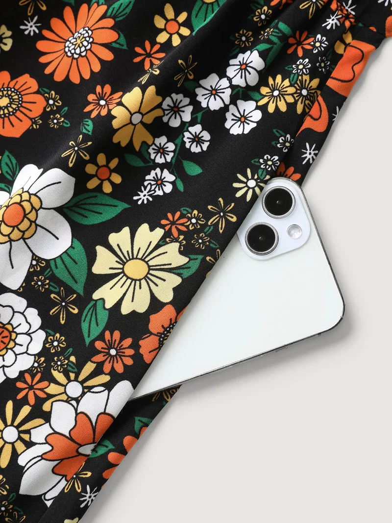 Bright Floral Print Sweetheart Neckline Midi Dress