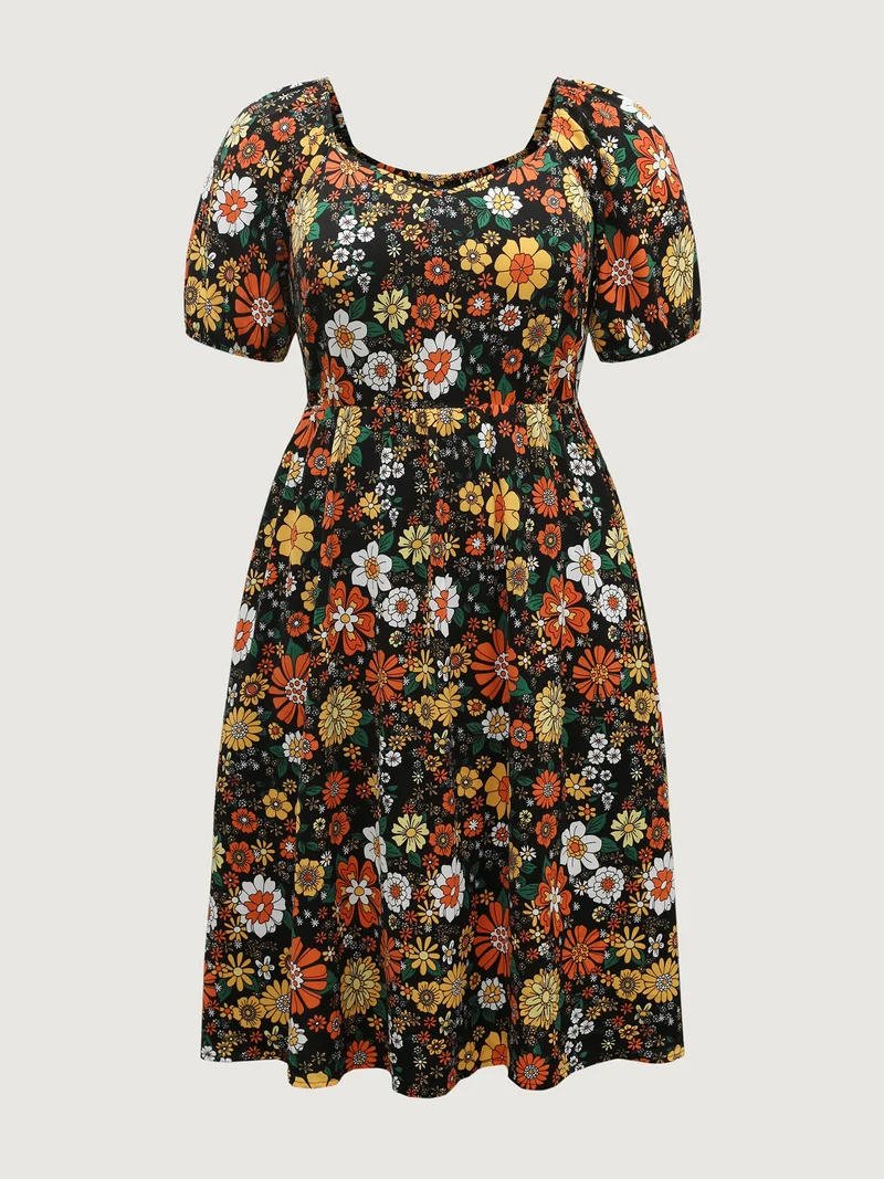 Bright Floral Print Sweetheart Neckline Midi Dress