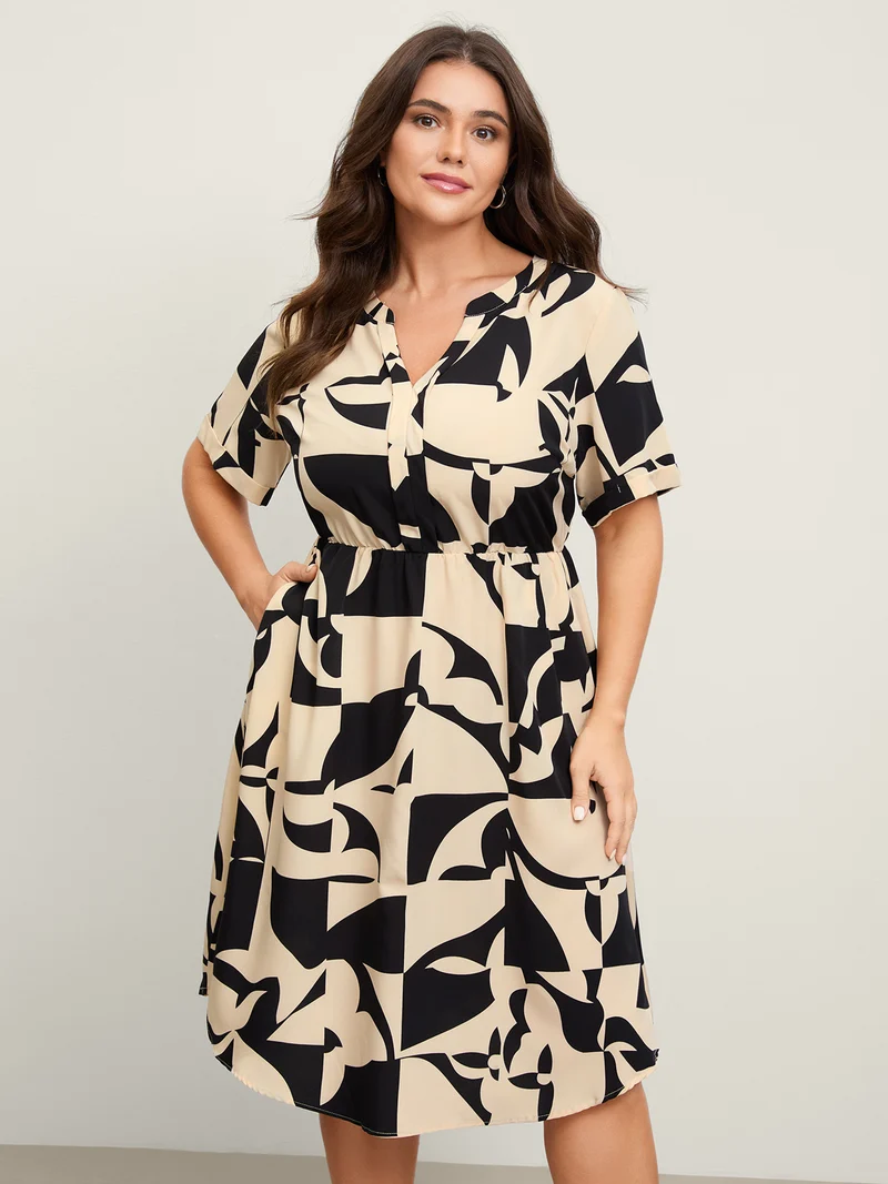 Geometric Print Arc Hem Midi Dress