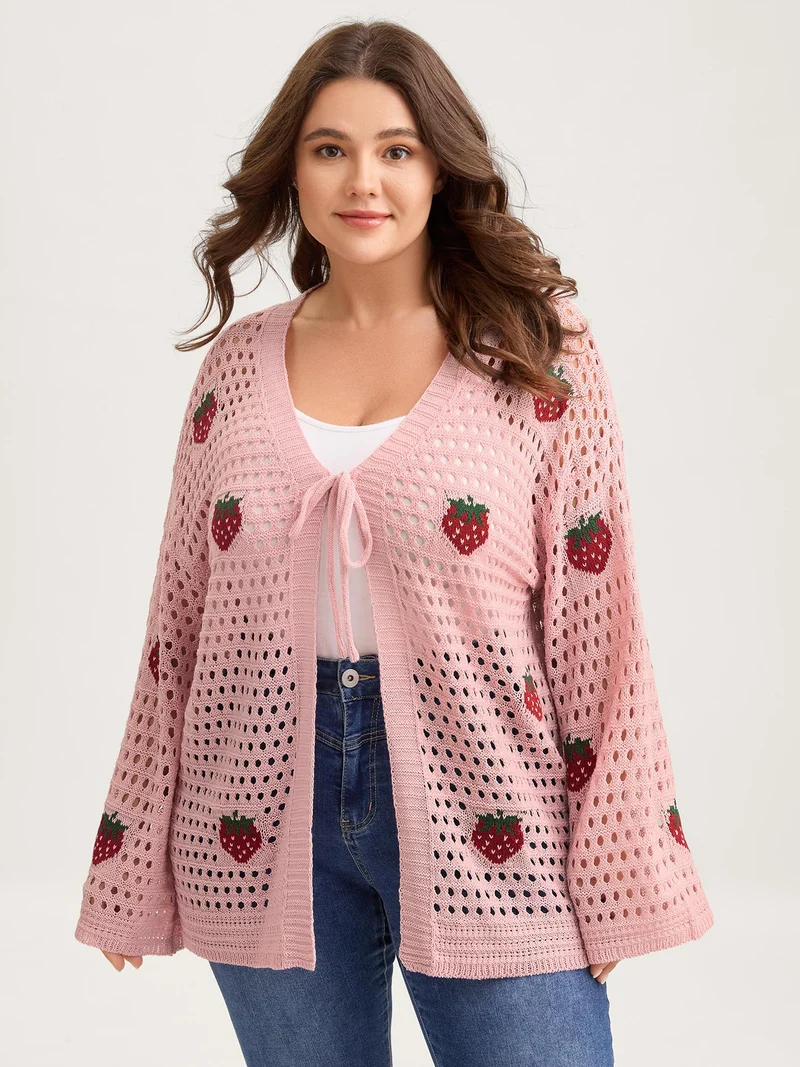 Strawberry Jacquard Embroidery Tie Knit Cardigan