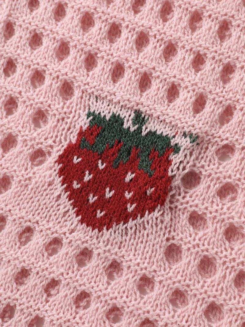Strawberry Jacquard Embroidery Tie Knit Cardigan