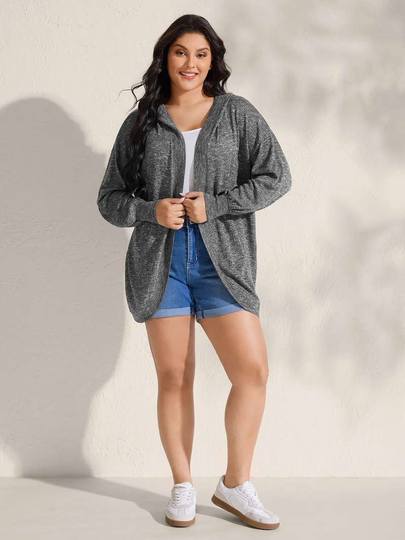 Hooded Heather Curvy Hem Lightweight Knit Cardigan