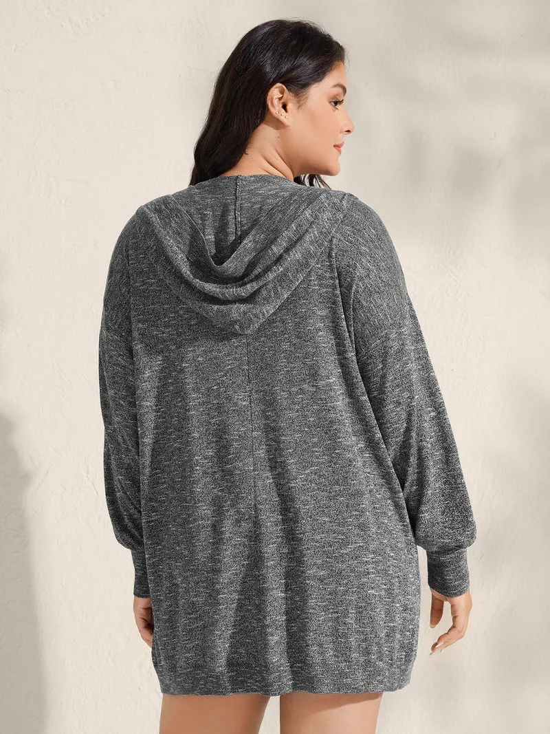 Hooded Heather Curvy Hem Lightweight Knit Cardigan