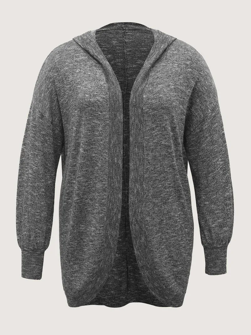 Hooded Heather Curvy Hem Lightweight Knit Cardigan