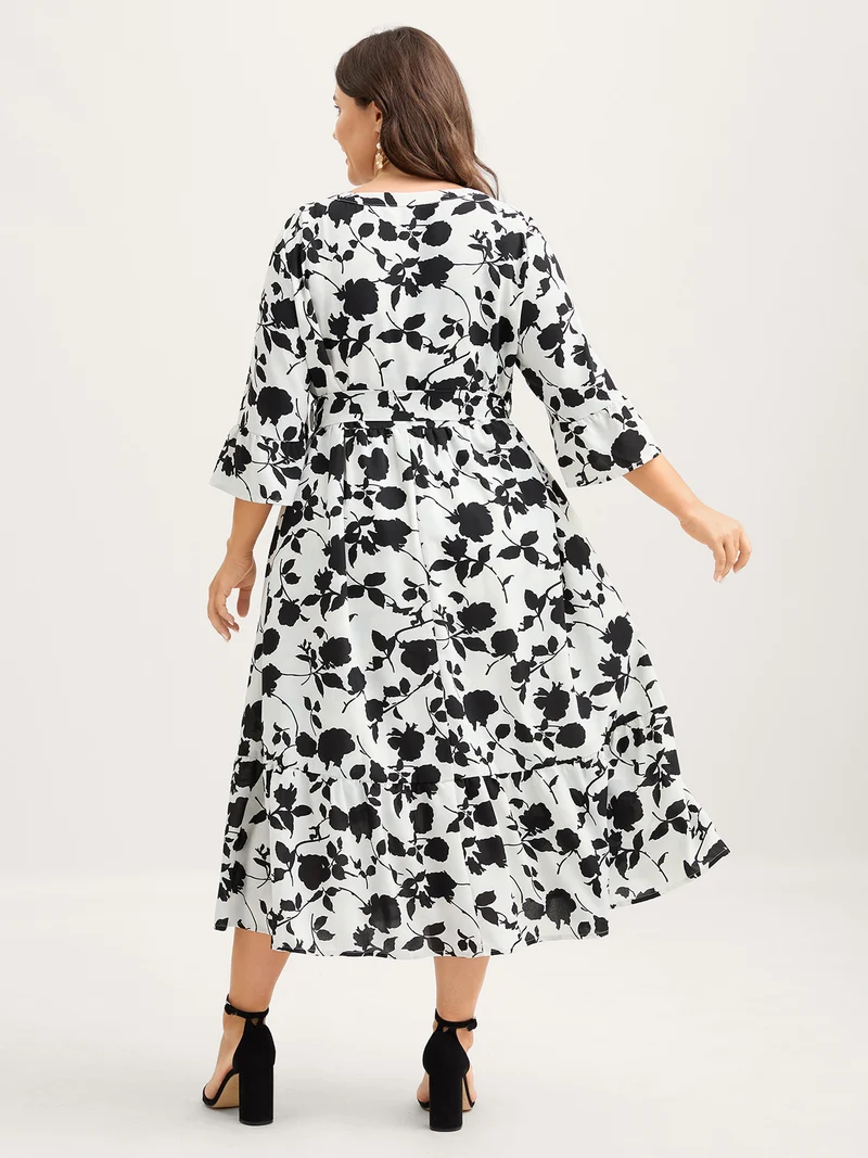 Floral Print Cut-Out Belted Midi Dress