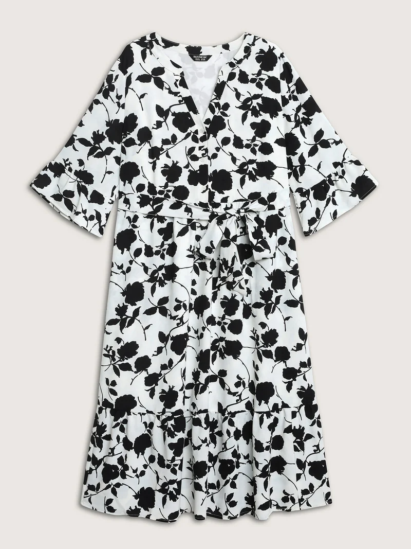 Floral Print Cut-Out Belted Midi Dress