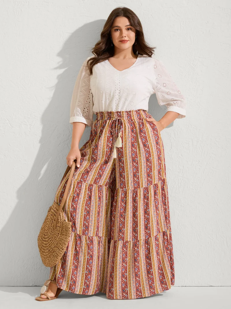 Floral Stripes Shirred Waist Wide-Leg Pants