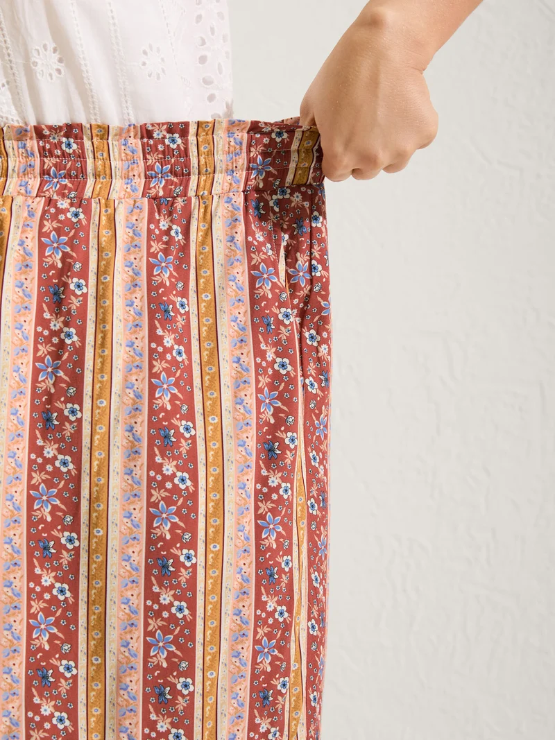 Floral Stripes Shirred Waist Wide-Leg Pants