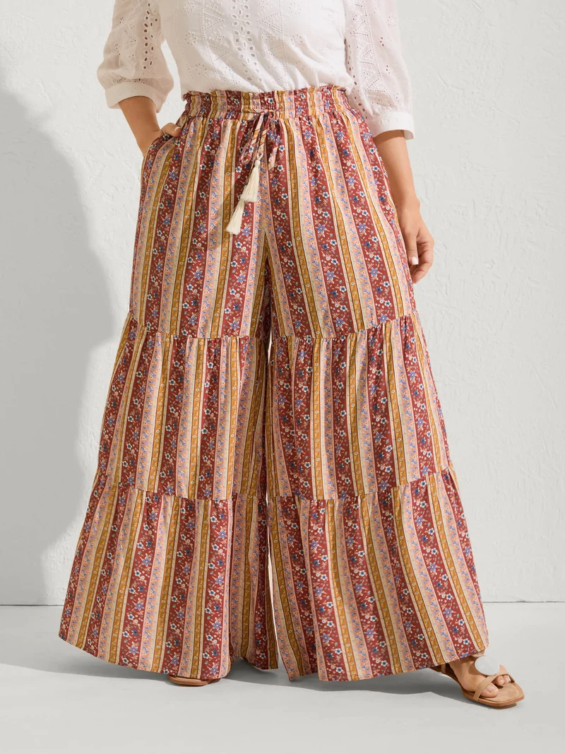Floral Stripes Shirred Waist Wide-Leg Pants