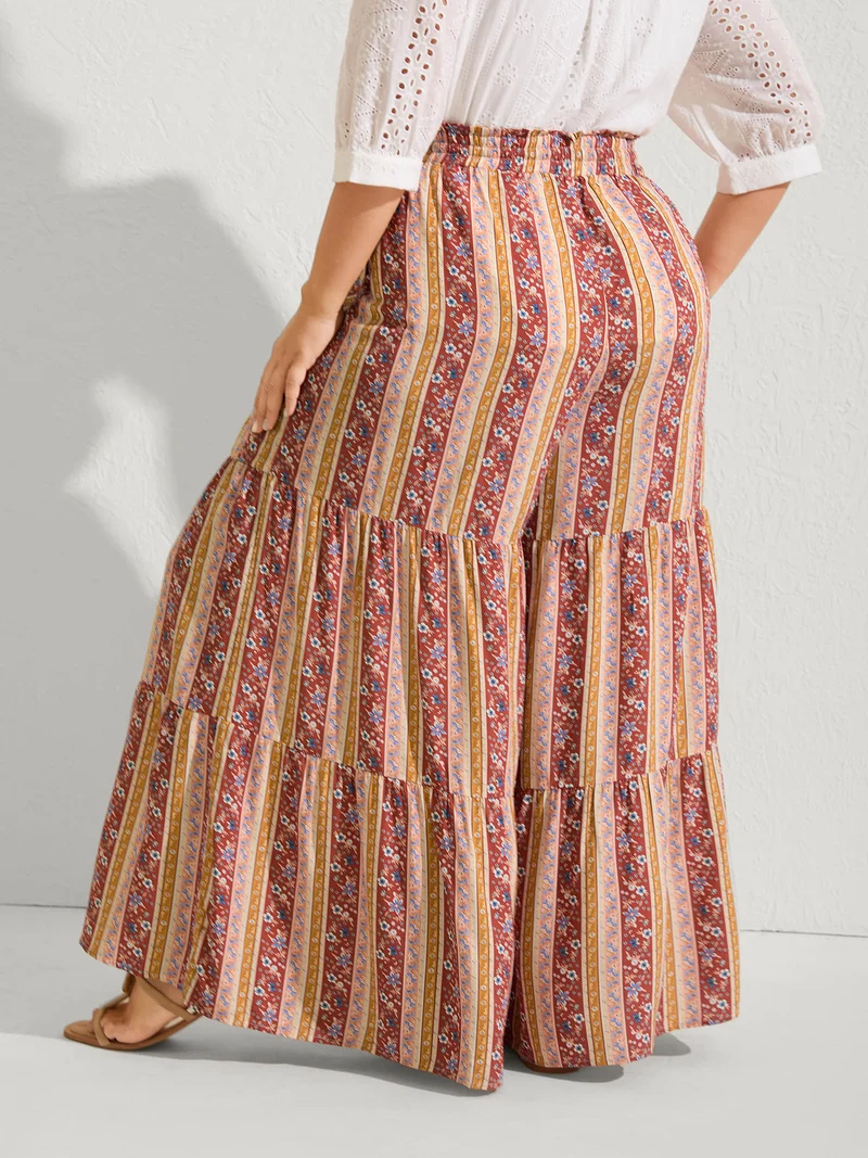 Floral Stripes Shirred Waist Wide-Leg Pants