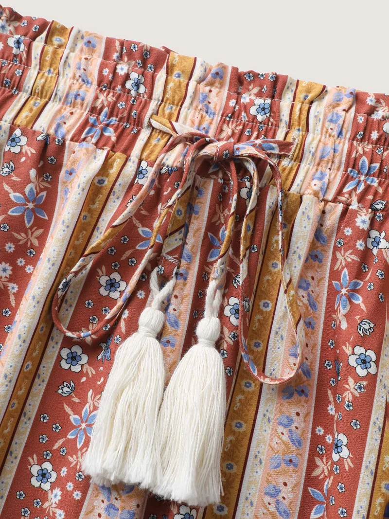 Floral Stripes Shirred Waist Wide-Leg Pants