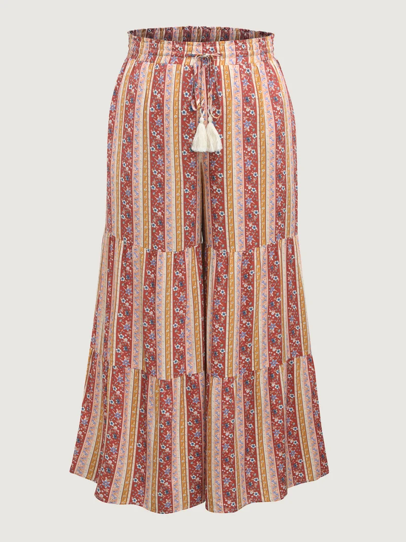 Floral Stripes Shirred Waist Wide-Leg Pants