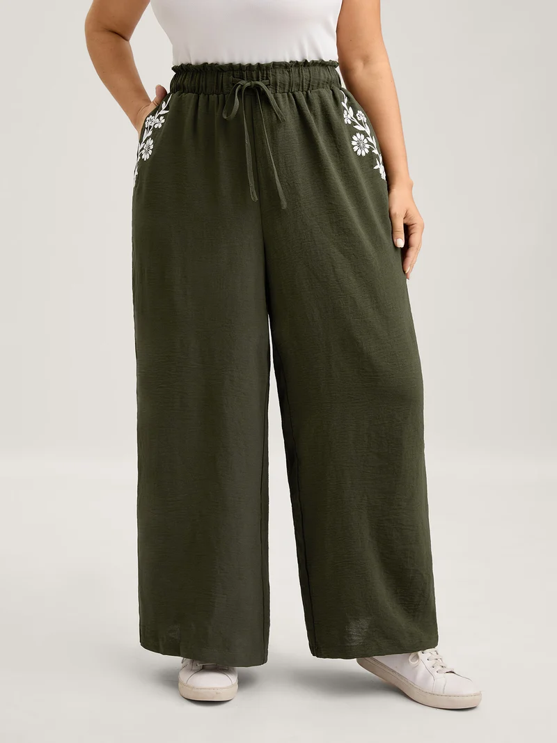 Floral Embroidered Pockets Wide-Leg Pants