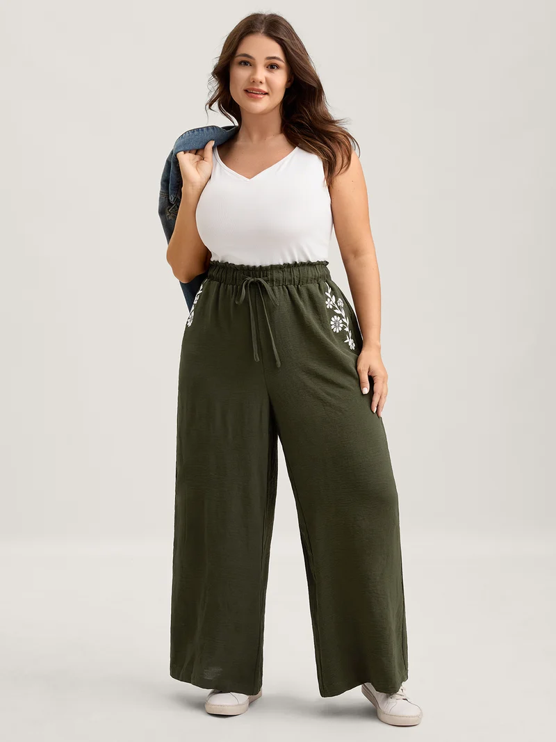 Floral Embroidered Pockets Wide-Leg Pants