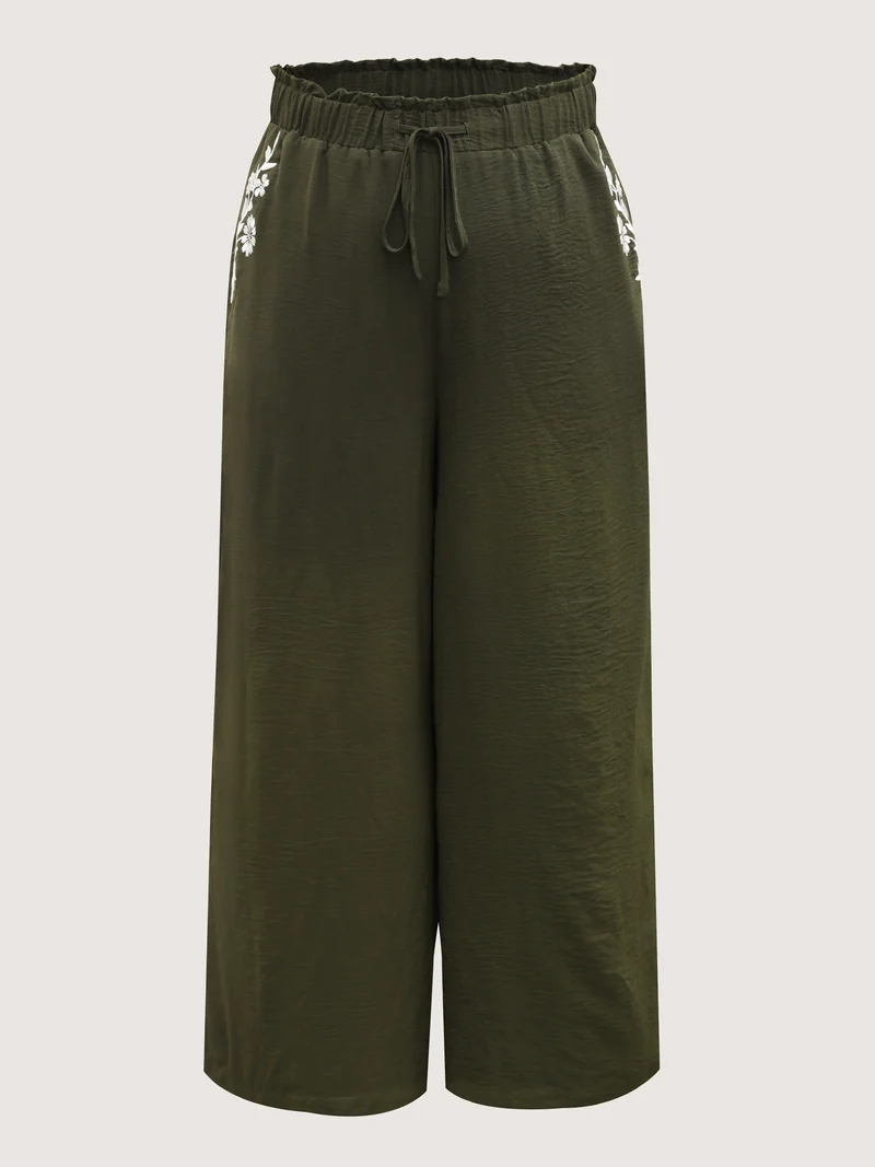 Floral Embroidered Pockets Wide-Leg Pants