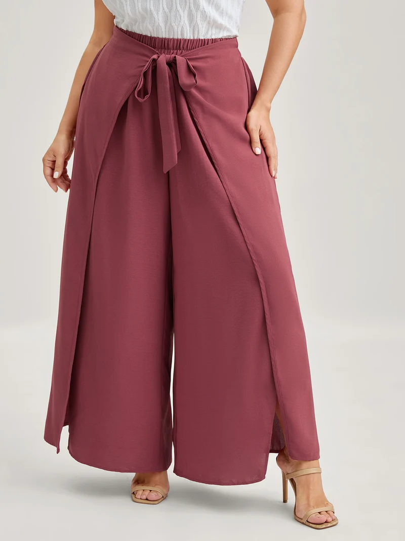 Belted Front Overlap Wide-Leg Pants