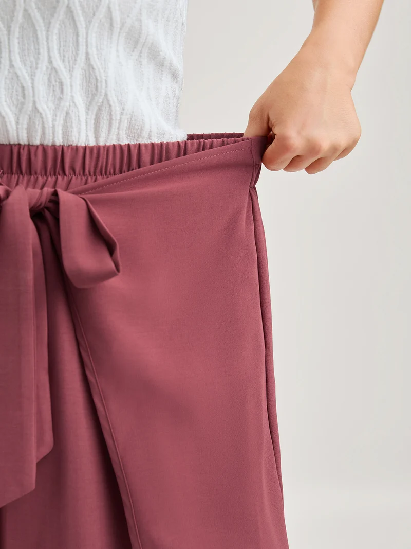 Belted Front Overlap Wide-Leg Pants