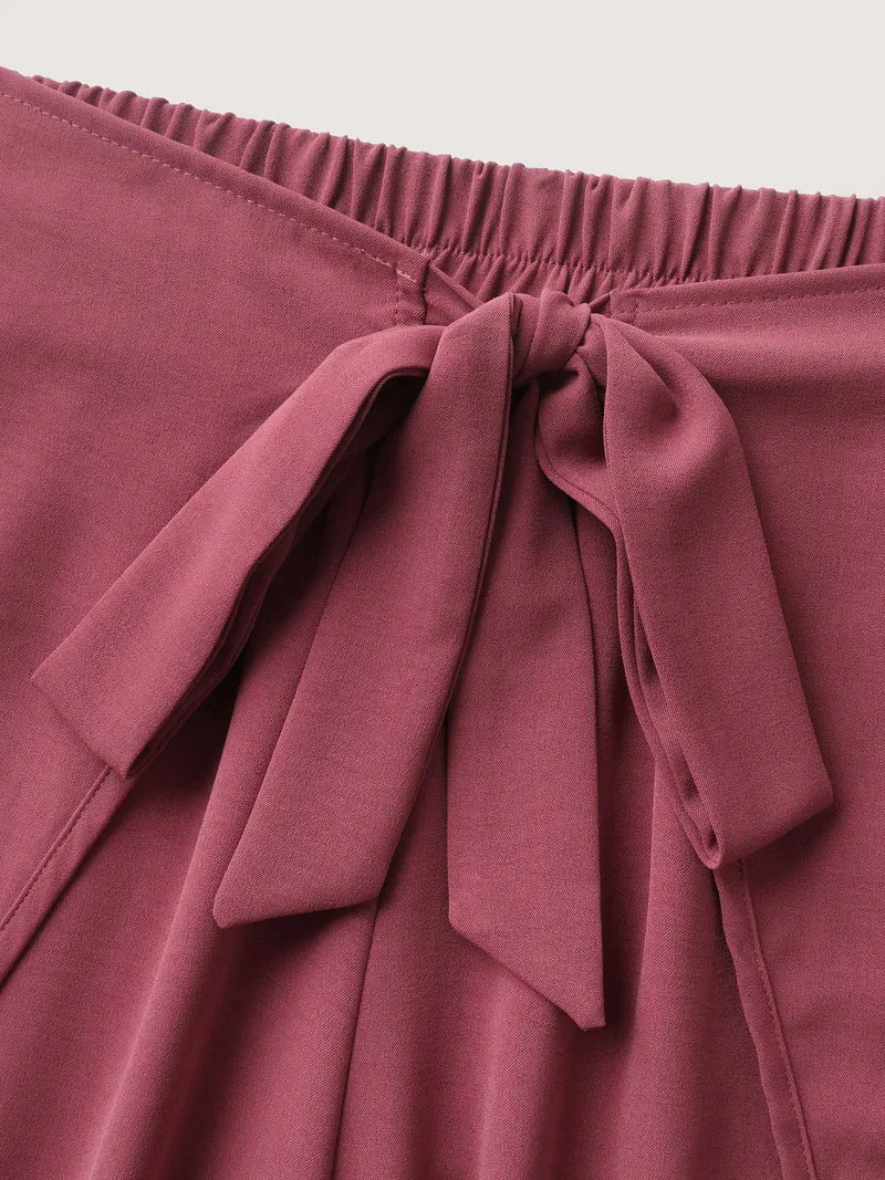 Belted Front Overlap Wide-Leg Pants