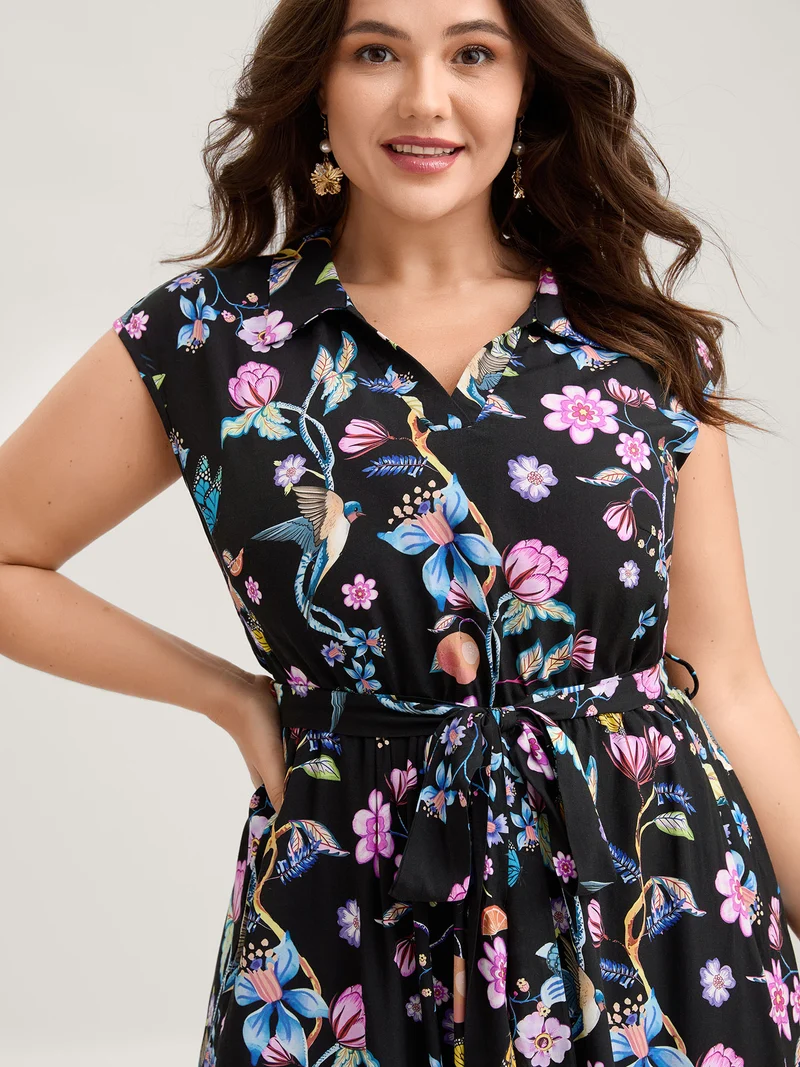 Garden Print Waist-Tie Sleeveless Mini Dress