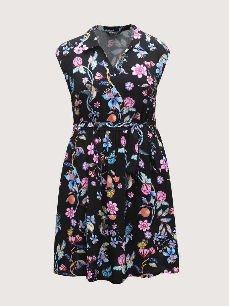 Garden Print Waist-Tie Sleeveless Mini Dress