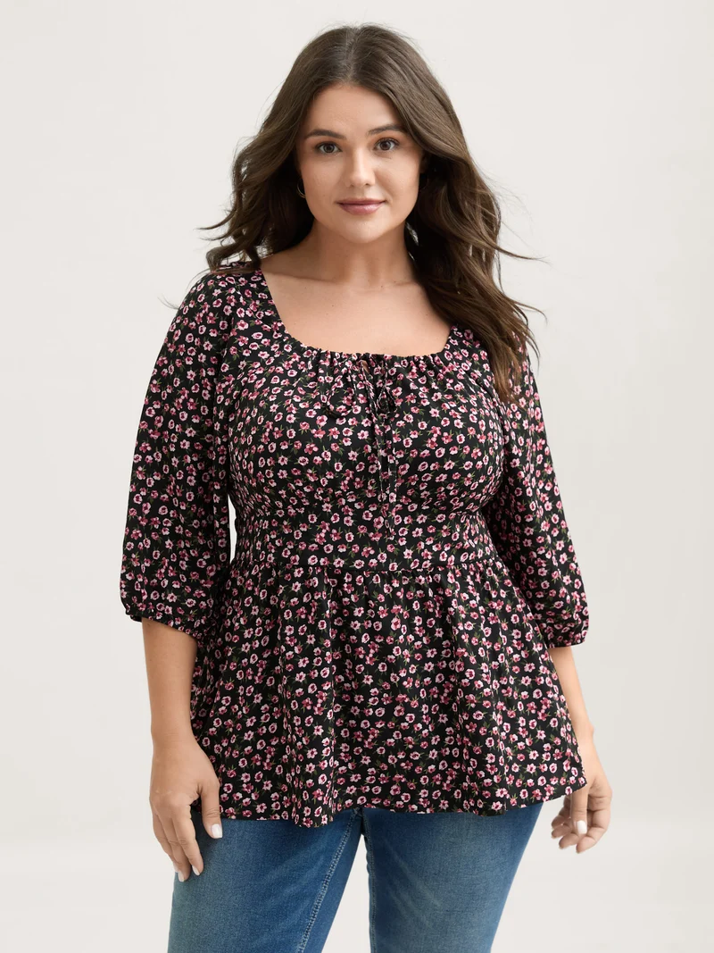 Floral Adjustable Drawstring Neck Shirred Blouse