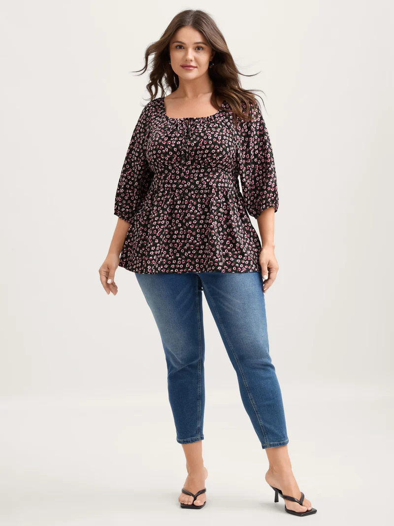 Floral Adjustable Drawstring Neck Shirred Blouse