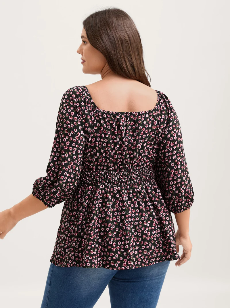Floral Adjustable Drawstring Neck Shirred Blouse