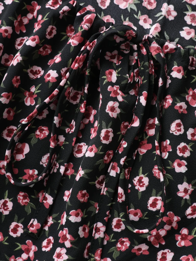 Floral Adjustable Drawstring Neck Shirred Blouse