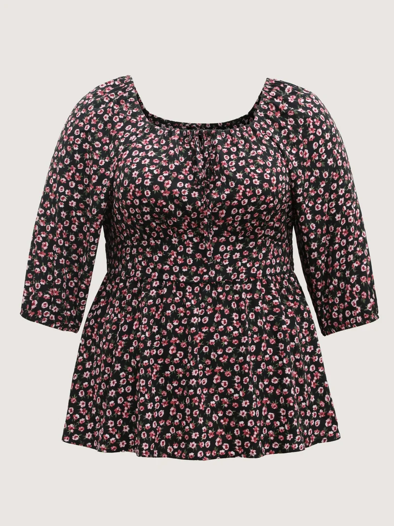 Floral Adjustable Drawstring Neck Shirred Blouse