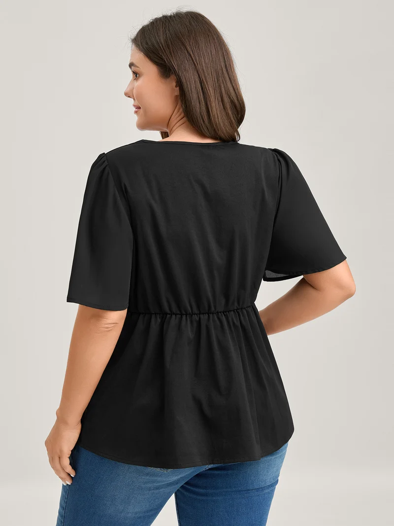 Cinched Flared Waist Button Detail Blouse