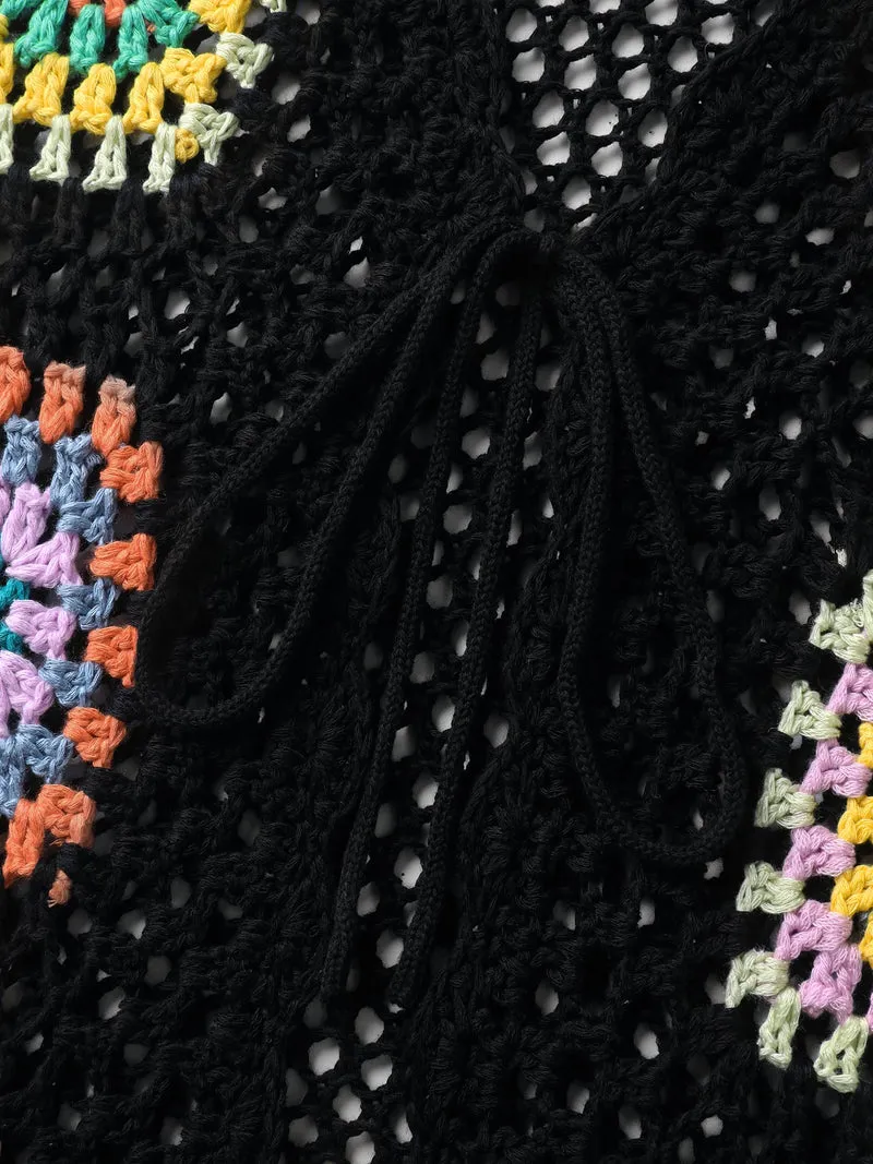 Colorful Floral Crochet Tie Knit Cardigan