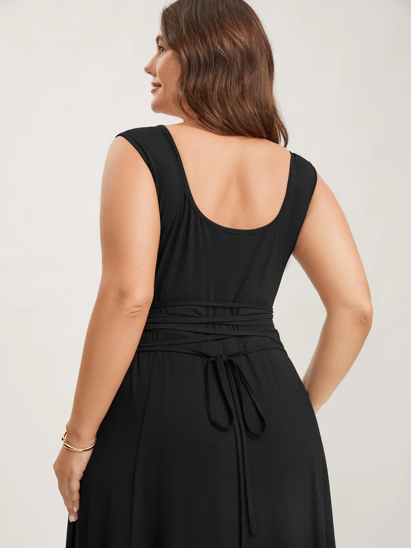 Sheer Back-Tie Plunging Neck Midi Dress
