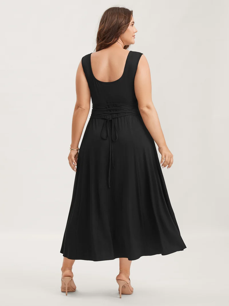Sheer Back-Tie Plunging Neck Midi Dress