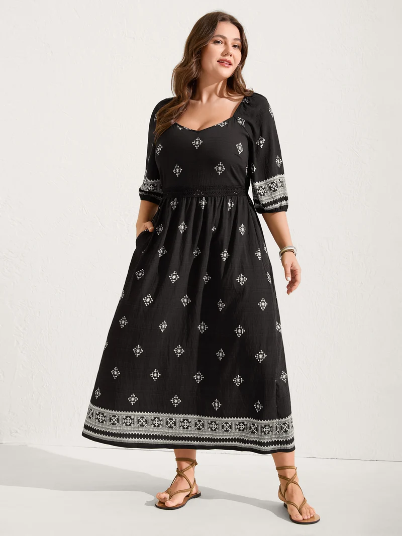 Boho Print Waist-Defining Lace Midi Dress