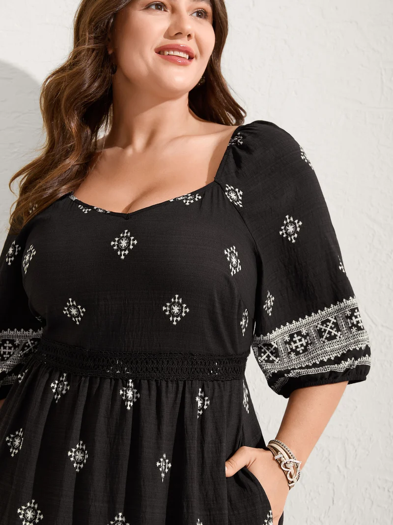 Boho Print Waist-Defining Lace Midi Dress