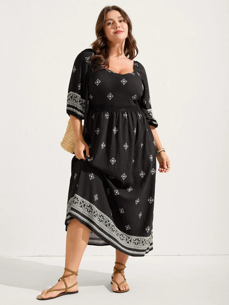 Boho Print Waist-Defining Lace Midi Dress