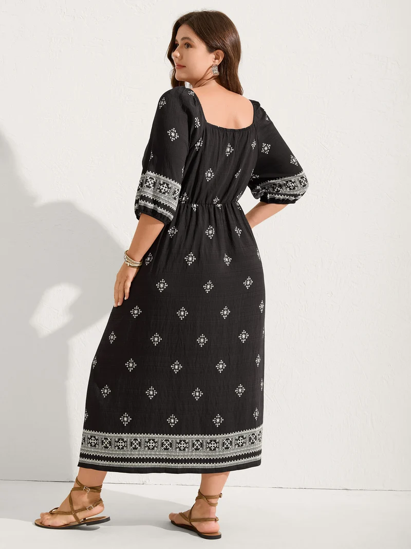 Boho Print Waist-Defining Lace Midi Dress