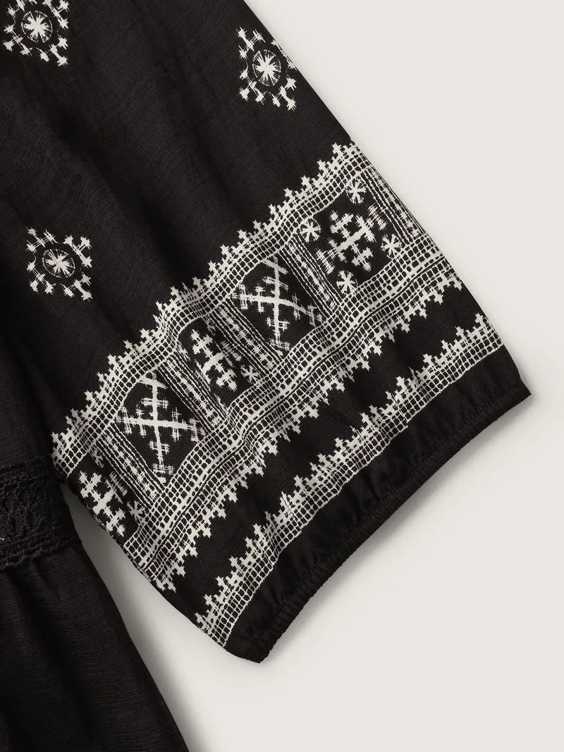Boho Print Waist-Defining Lace Midi Dress
