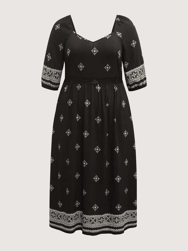 Boho Print Waist-Defining Lace Midi Dress